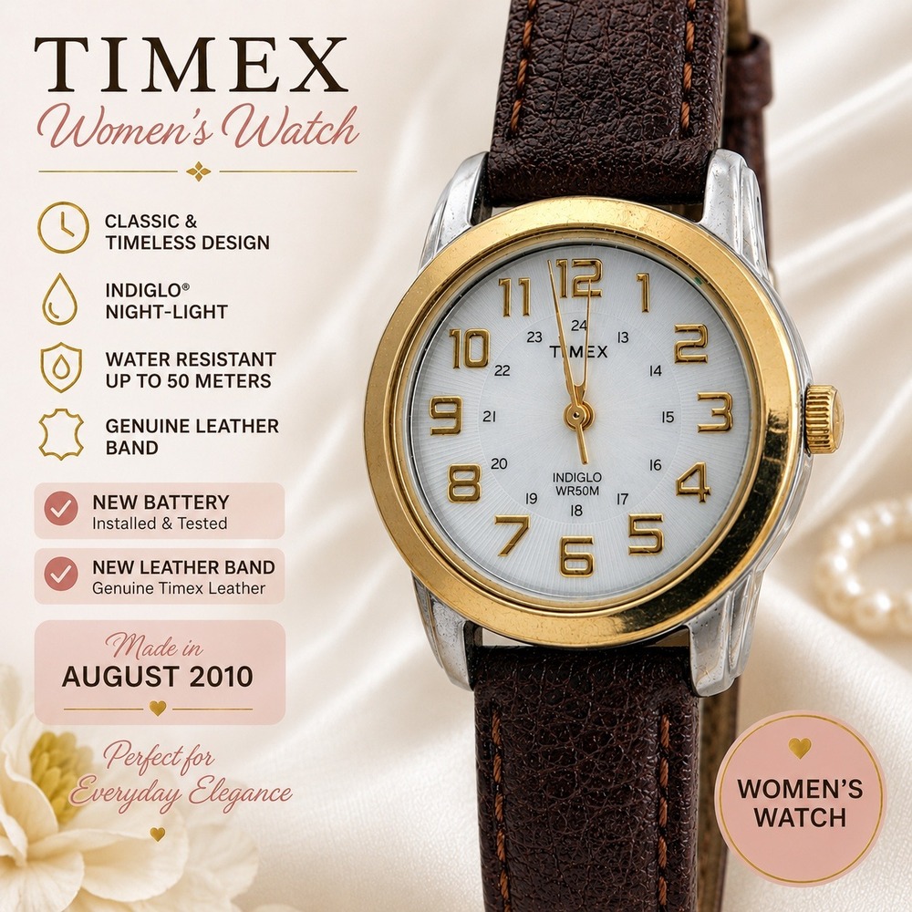 Timex Indiglo Womens Watch Two Tone Gold Silver Brown Leather Band WR 50M 2010